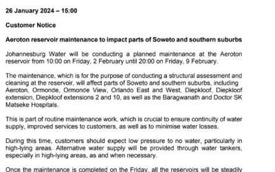 Aeroton reservoir maintenance to impact parts of Soweto and southern suburbs