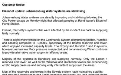 Eikenhof update: Johannesburg Water systems are stabilising