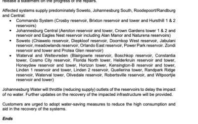 City Power on site conducting repairs at Rand Water’s Eikenhof pump station